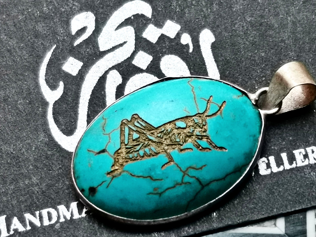 Golden Grasshopper Engraved On Turquoise Necklace