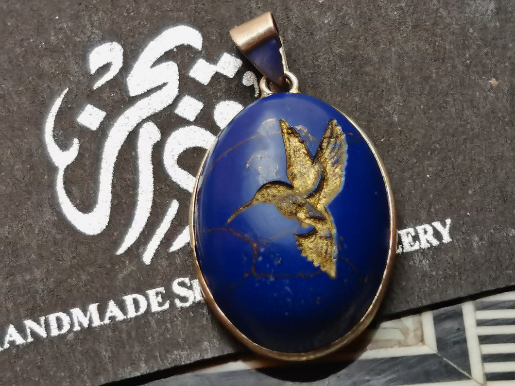 Golden Hummingbird Engraved On Lapis Lazuli